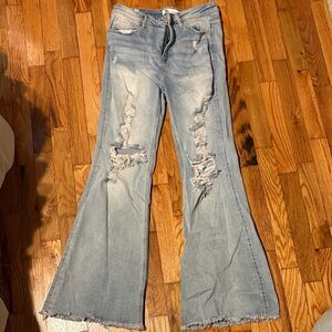 Stylish Distressed Flare Jeans in Light Blue